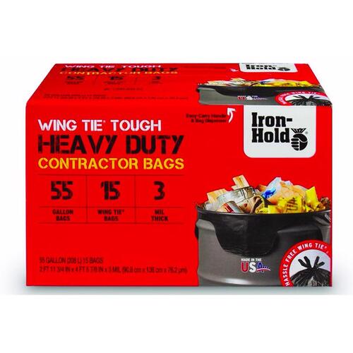 Iron-Hold 1652987 Contractor Bags 55 gal Wing Ties 15 pk 3 mil Black
