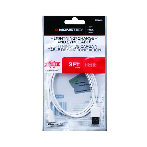 Charge and Sync Cable Just Hook It Up Lightning to USB 3 ft. White White