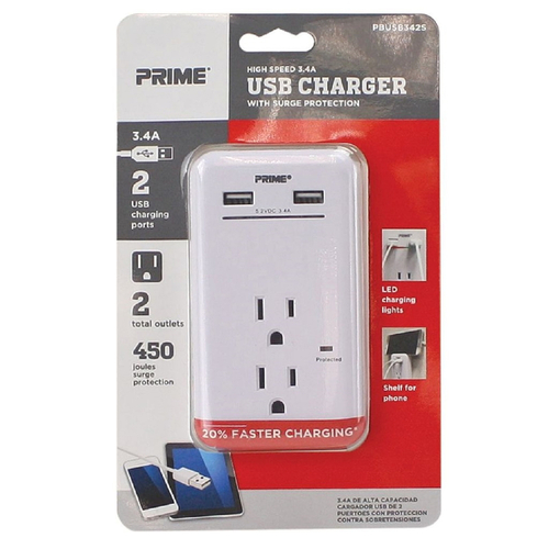 Prime PBUSB342S Surge Protector with USB Port 2 outlets White 450 J White