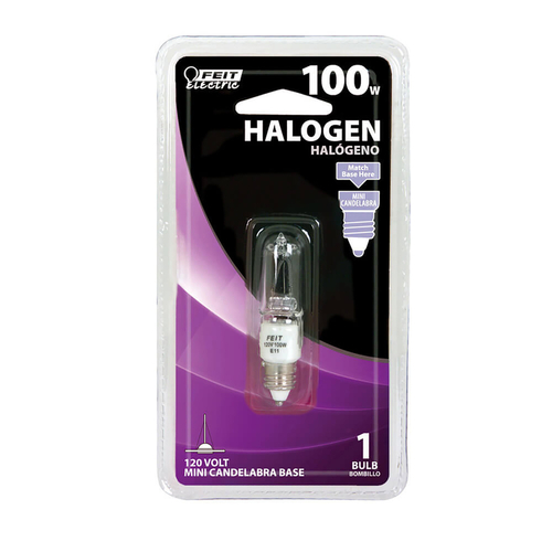 Feit Electric BPQ100/CL/MC/RP BPQ100/CL/MC Halogen Bulb, 100 W, Candelabra E11 Lamp Base, T4 Lamp, 3000 K Color Temp