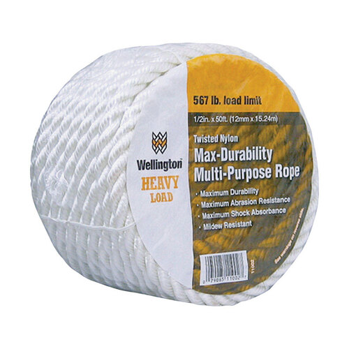 Rope, 1/2 in Dia, 50 ft L, 510 lb Working Load, Nylon, White