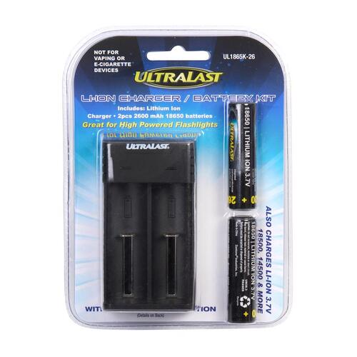 Ultralast UL1865K-26 Rechargeable Batteries and Charger Set Lithium Ion 18650 3.7 V 2.6 Ah UL1865K-26
