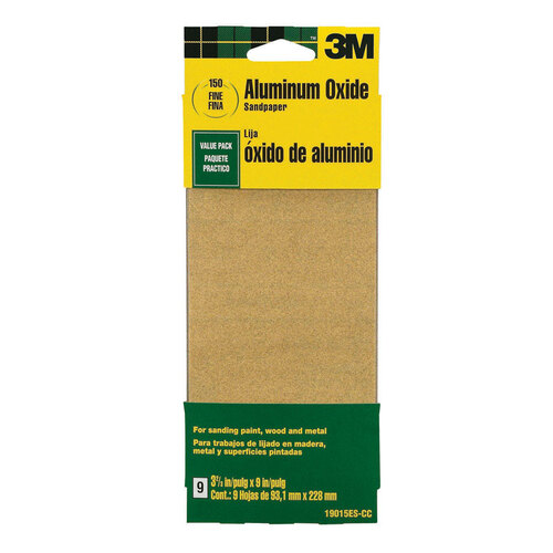 Sandpaper Sheet, 9 in L, 3.66 in W, Fine, 150 Grit, Aluminum Oxide Abrasive, Paper Backing - pack of 6