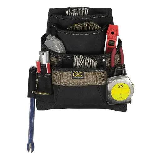 Tool Works Series Nail/Tool Bag, 12-3/4 in W, 3-1/4 in D, 13-3/4 in H, 11-Pocket, Polyester, Black/Brown