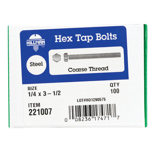 Hex Tap Bolt 1/4" D X 3-1/2" L Zinc Plated Steel Zinc Plated