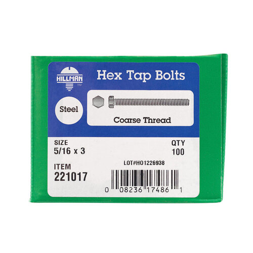 Hex Tap Bolt 5/16" D X 3" L Zinc Plated Steel Zinc Plated