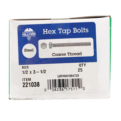 Hex Tap Bolt 1/2" D X 3-1/2" L Zinc Plated Steel Zinc Plated