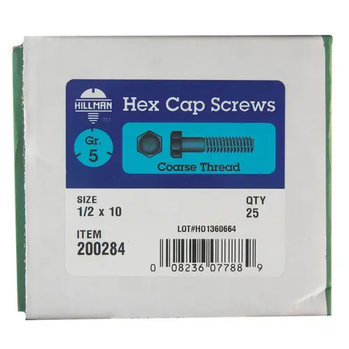 Hex Head Cap Screw 1/2" D X 10" L Heat Treated Zinc Steel Heat Treated Zinc