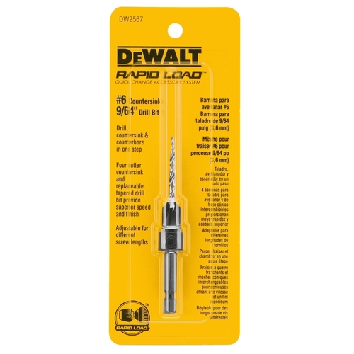 DW2567 Drill Bit, 9/64 in Dia, 3 in OAL, Countersink, Spiral Flute, 4-Flute, 1/4 in Dia Shank, Hex Shank