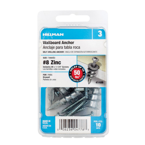 Hillman 41408XCP5 Wallboard Anchors .164" D X 11/4" L Zinc Pan Head