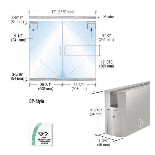 Wet Glazed Frameless Glass 6' BP-Style Brushed Stainless Double Door Complete Entrance Kit - with Lock