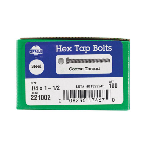 Hex Tap Bolt 1/4" D X 1-1/2" L Zinc Plated Steel Zinc Plated