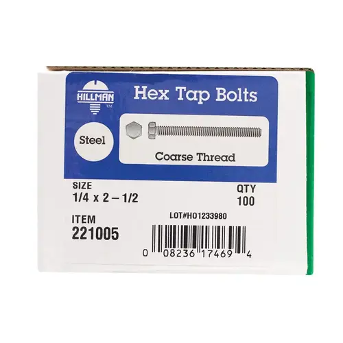 Hex Tap Bolt 1/4" D X 2-1/2" L Zinc Plated Steel Zinc Plated