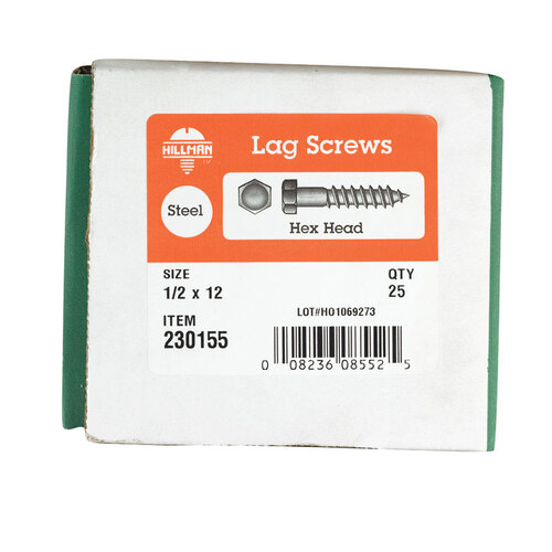 Lag Screw 1/2" S X 12" L Hex Zinc-Plated Steel Zinc-Plated