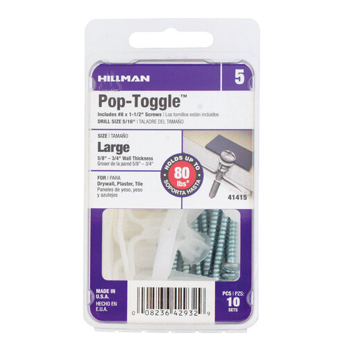 Hillman 5334636XCP5 PopToggle Anchors 5/8" D X 11/2" L Zinc Pan Head