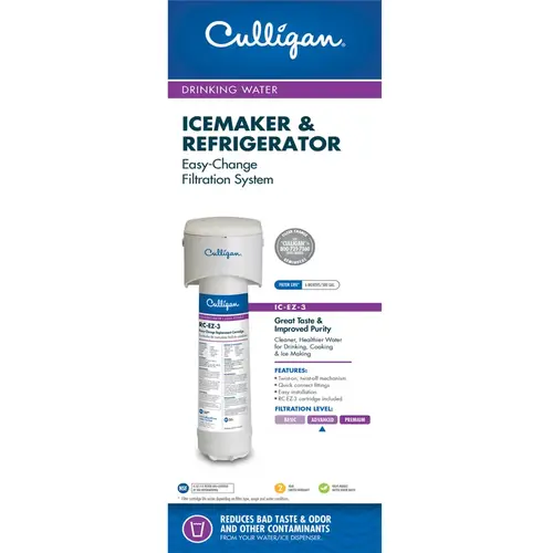 Culligan IC-EZ-3 Icemaker and Refrigerator Filter, 500 gal Capacity, 0.5 gpm