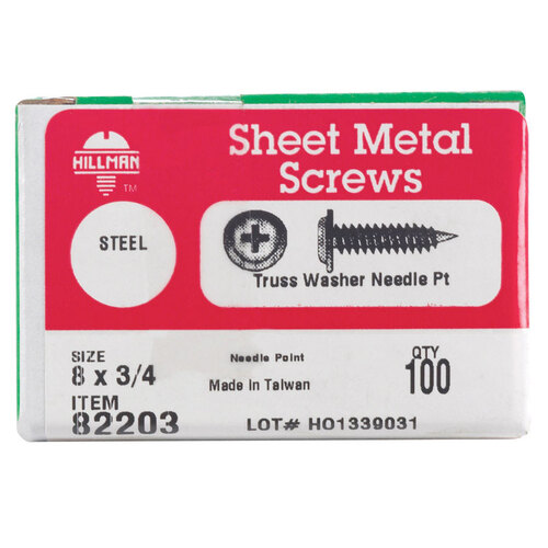 Hillman 82203 Sheet Metal Screws No. 8 X 3/4" L Phillips Truss Head Zinc-Plated