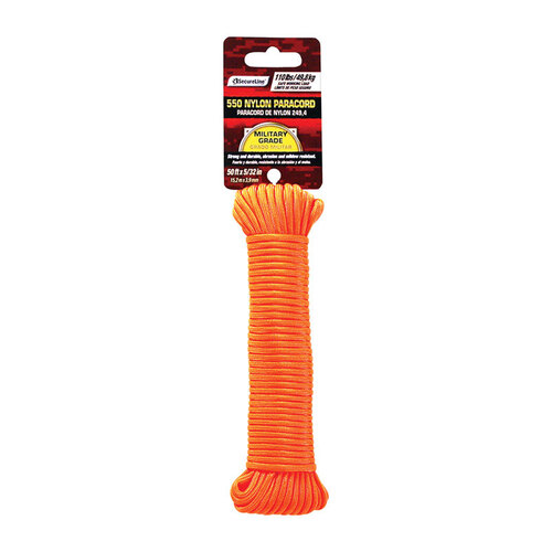 Paracord, 5/32 in Dia, 50 ft L, 110 lb Working Load, Nylon, Orange