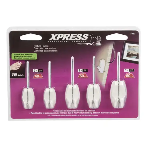 COBRA 3330-XCP5 Picture Hook Xpress Plastic Coated White Push Pin 60 lb Plastic Coated - pack of 5