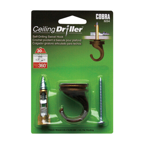 Hook Ceiling Driller 5-1/2" L Antique Steel Self-Drilling Ceiling 30 lb. cap. Antique