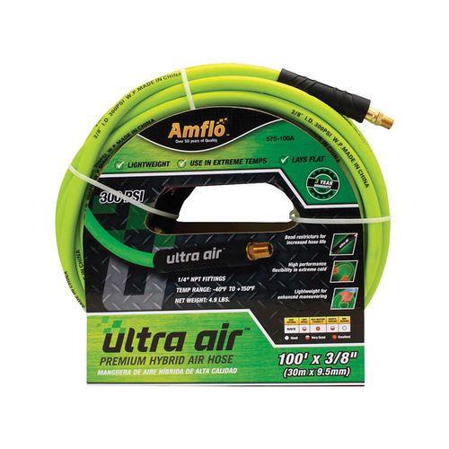 Hybrid Air Hose Ultra Air 100 ft. L X 3/8" D Rubber/PVC 300 psi Green Green