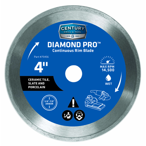 Century Drill & Tool 75456 Continuous Rim Diamond Saw Blade 4" D X 5/8 and 7/8 S Diamond