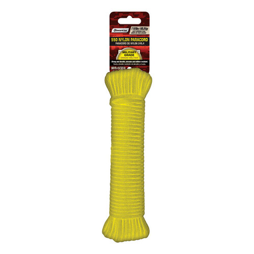 Paracord, 5/32 in Dia, 50 ft L, 110 lb Working Load, Nylon, Yellow