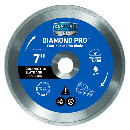 Century Drill & Tool 75458 Continuous Rim Diamond Saw Blade 7" D X 7/8 S Diamond 1