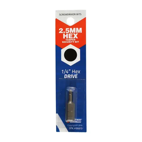 Tamper-Proof Security Bit Hex 2.5 mm S X 1" L Carbon Steel