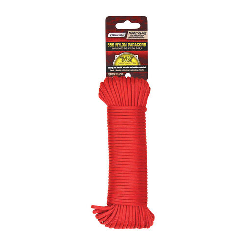 Paracord, 5/32 in Dia, 100 ft L, 110 lb Working Load, Nylon, Red