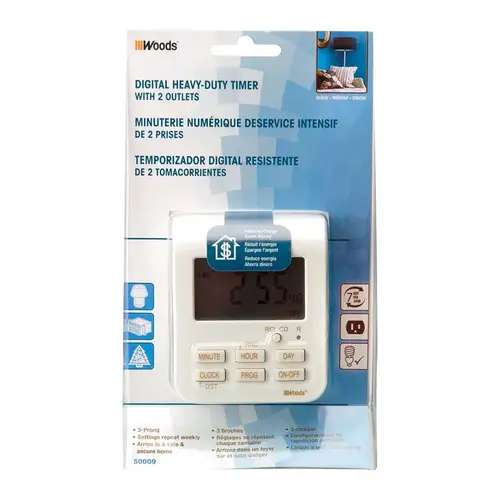 Digital Timer, 15 A, 125 V, 1875 W, 3 -Outlet, 7 days Time Setting, 20 On/Off Cycles Per Day Cycle White