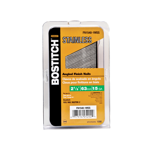 Bostitch FN1540-1MSS Finish Nail, 2-1/2 in L, 15 Gauge, Stainless Steel, Coated, Round Head, Smooth Shank - pack of 1000