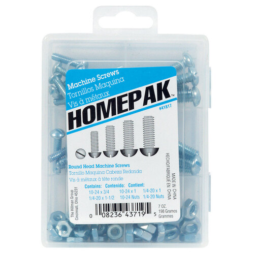 Machine Screw and Nut Assortment Homepak Assorted in. S X 1" L Slotted Round Head Zinc-Plated Steel Machine Screw and Nut Zinc-Plated - pack of 5