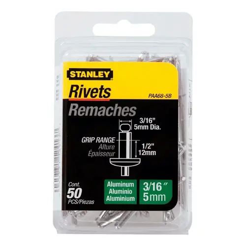 Stanley PAA68-5B Pop Rivet, Reusable, 2 in L, Aluminum Silver - pack of 50