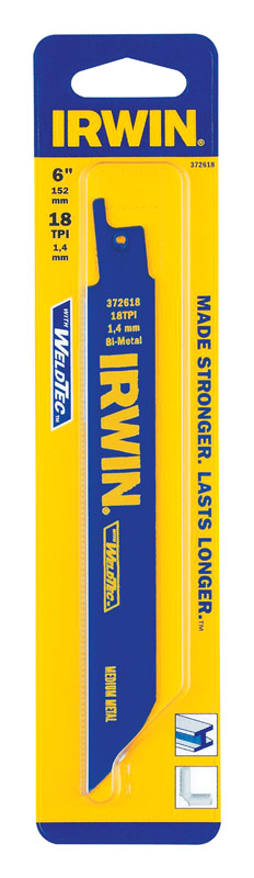 Irwin 372618 Reciprocating Saw Blade, 3/4 in W, 6 in L, 18 TPI, Bi-Metal Cutting Edge Blue