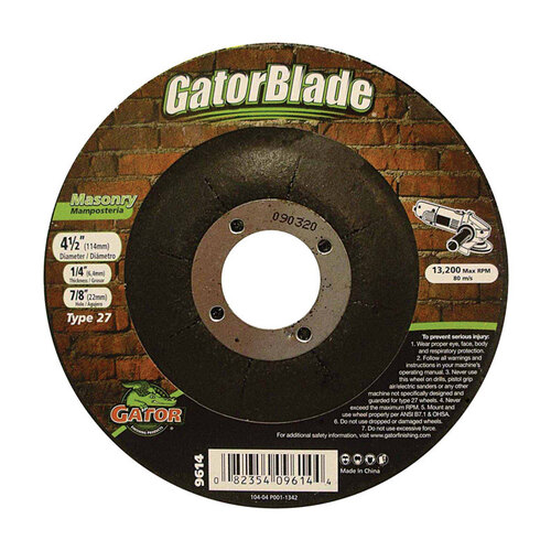 GatorBlade 9614 Cut-Off Wheel, 4-1/2 in Dia, 1/4 in Thick, 7/8 in Arbor, 24 Grit, Silicone Carbide Abrasive