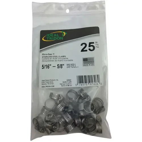 Ideal Tridon 6260450 Hose Clamp Micro-Gear 5/16" to 5/8" SAE 4 Silver Stainless Steel Band Silver