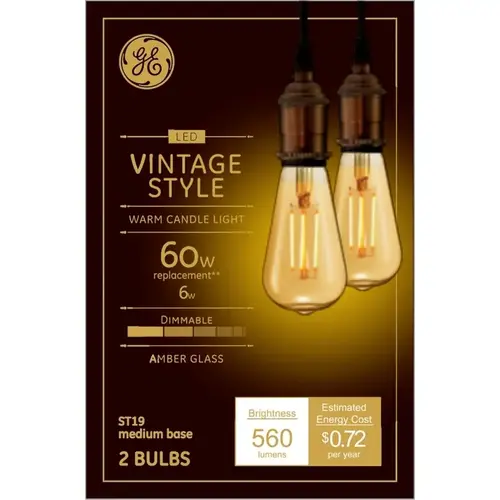 Filament LED Bulb ST19 E26 (Medium) Amber Warm White 60 W Transparent Amber Pair