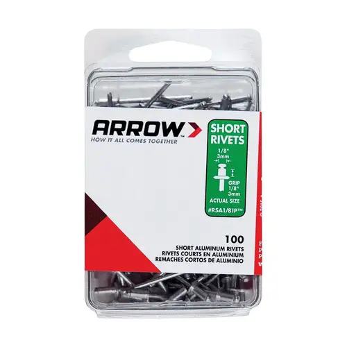 Arrow RSA1/8IP Pop Rivet, Short, 1/8 in L, Aluminum Silver - pack of 100