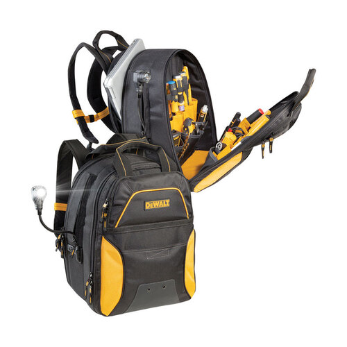 Tool Backpack with Lighted USB Charging, 13 in W, 10-1/4 in D, 17 in H, 33-Pocket, Polyester, Black/Yellow