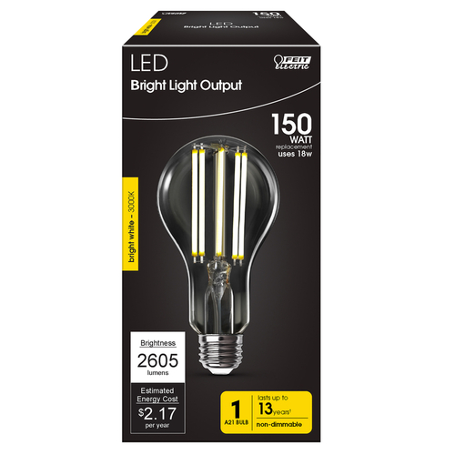 Feit Electric OM150DMCL830FIL L LED Bulb, General Purpose, A21 Lamp, 150 W Equivalent, E26 Lamp Base, Clear