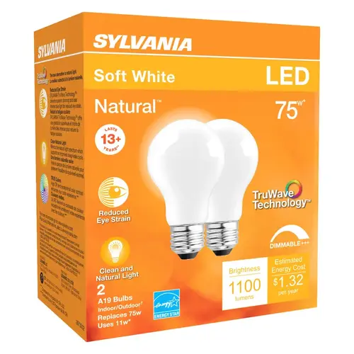 Sylvania 40750 LED Bulb Natural A19 E26 (Medium) Soft White 75 W Frosted Pair