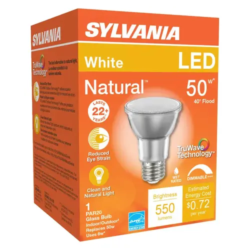 Sylvania 40920 Natural LED Bulb, Spotlight, PAR20 Lamp, E26 Lamp Base, Dimmable, Cool White Light, 3000 K Color Temp