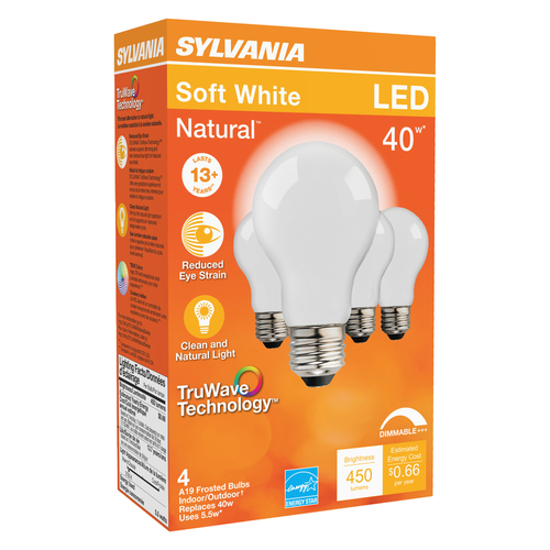 Sylvania 40668 LED Bulb, General Purpose, A19 Lamp, E26 Lamp Base, Dimmable, Frosted, Soft White Light - pack of 4