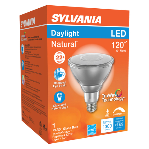 Sylvania 40906 Natural LED Bulb, Spotlight, PAR38 Lamp, 90 W Equivalent, E26 Lamp Base, Dimmable, Clear, Daylight Light