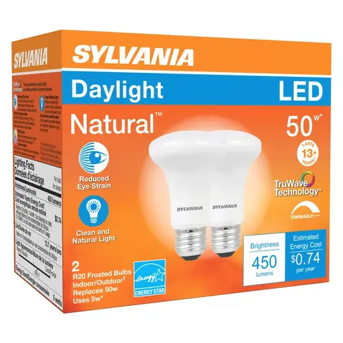 Natural LED Bulb, Spotlight, R20 Lamp, 45 W Equivalent, E26 Lamp Base, Dimmable, Frosted, Daylight Light Pair