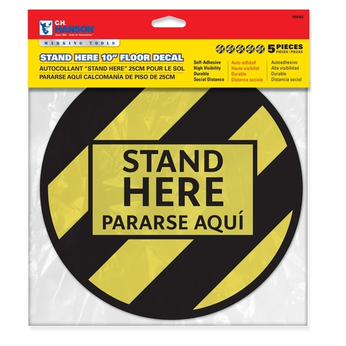 Stand Here Floor Decal, 10 in W, Black/Yellow - pack of 5
