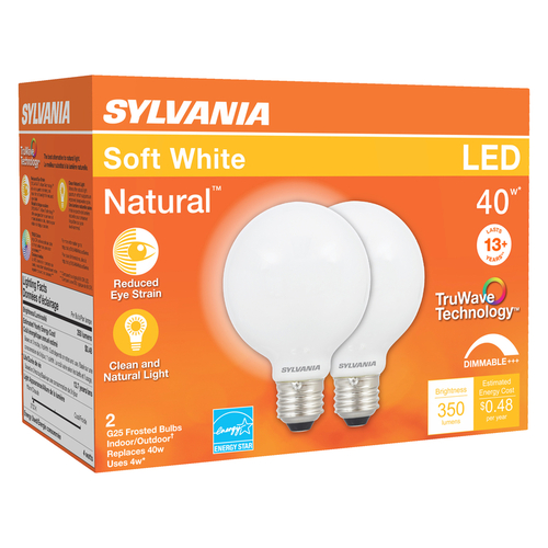 Sylvania 40765 Natural LED Bulb, Globe, G25 Lamp, 40 W Equivalent, E26 Lamp Base, Dimmable, Frosted, Soft White Light - pack of 2