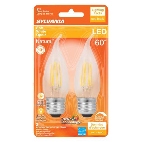Sylvania 40758 Natural LED Bulb, Decorative, B10 Bent Tip Lamp, 60 W Equivalent, E26 Lamp Base, Dimmable, Clear - pack of 2