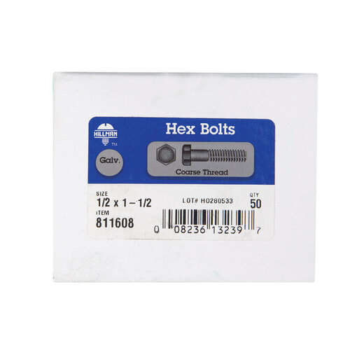 Hex Bolt 1/2" D X 1-1/2" L Hot Dipped Galvanized Steel Hot Dipped Galvanized